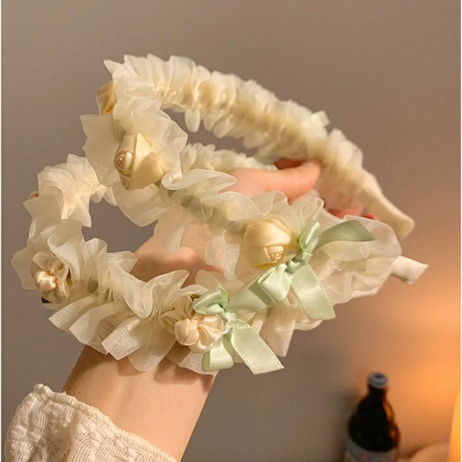 

New fashion mesh rose headband for women children's summer high cranial top fold headband wide edge hair accessories headband