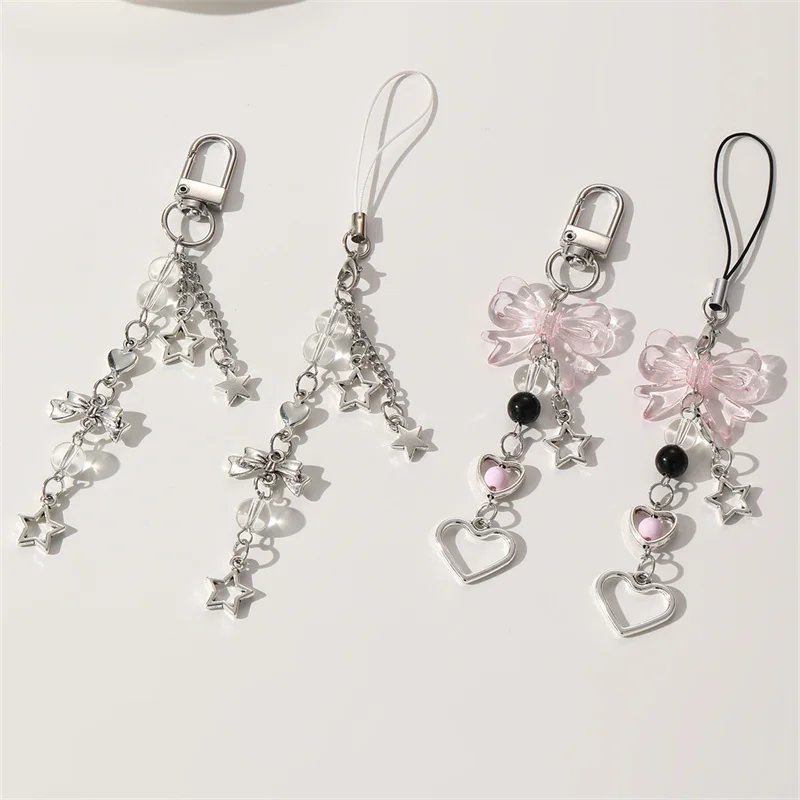 1/4pcs/set Y2K Sweet Bow Heart Star Key Ring – Versatile Phone Strap & Bag Pendant for Everyday Casual Style.