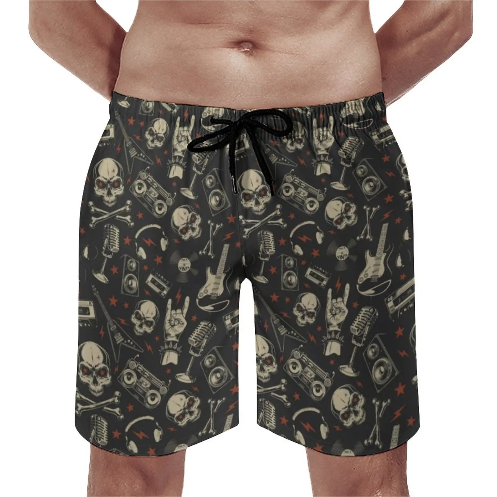 Metal Music Skull Board Shorts Elastic Waist Big Size Beach Shorts  Rock Grunge Punk Men Swim Trunks Classic