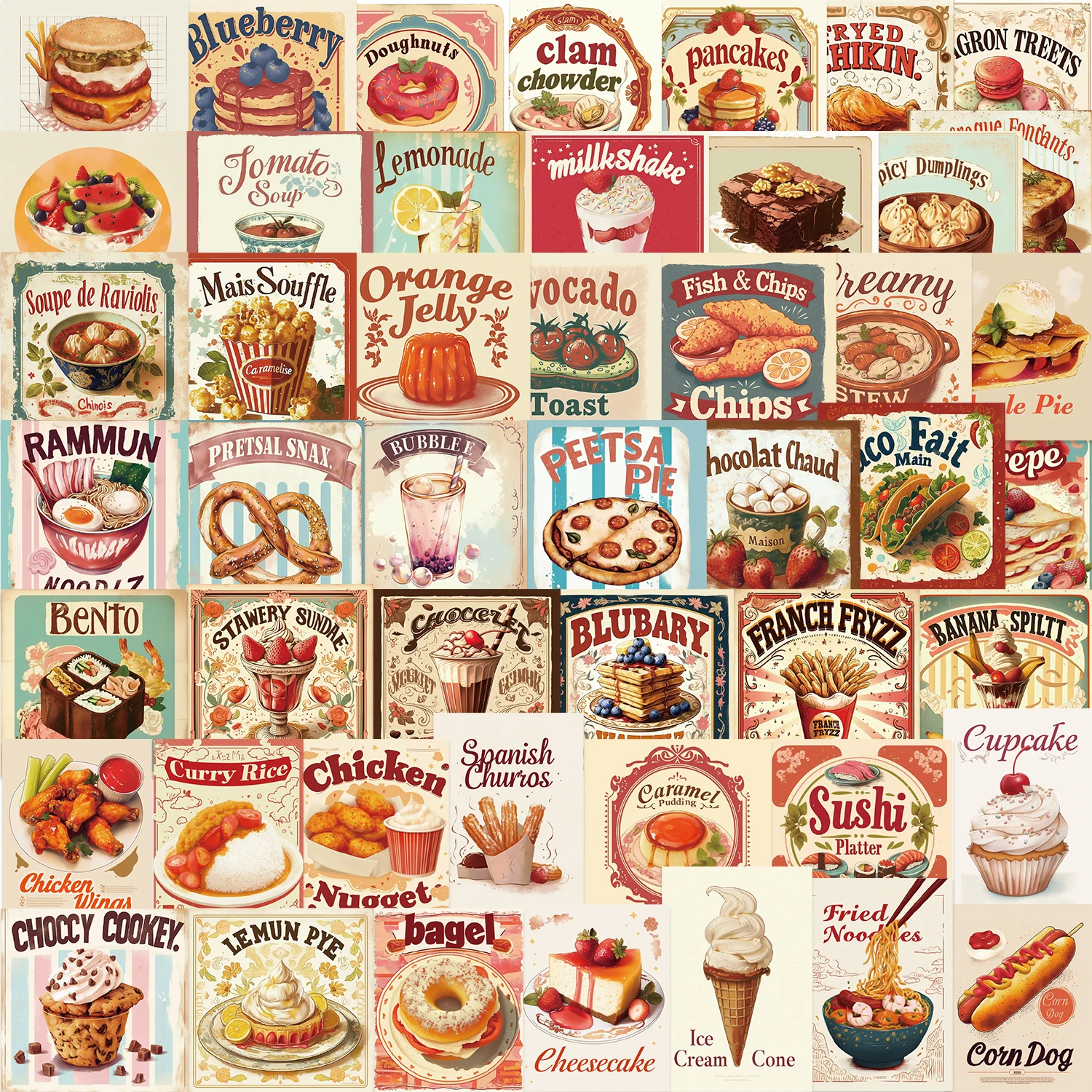 50 Uds. De pegatinas Retro para comida, pastel, fideos, calcomanías para ordenador portátil, álbum de recortes, maleta, refrigerador, guitarra, pegatinas estéticas de dibujos animados DIY