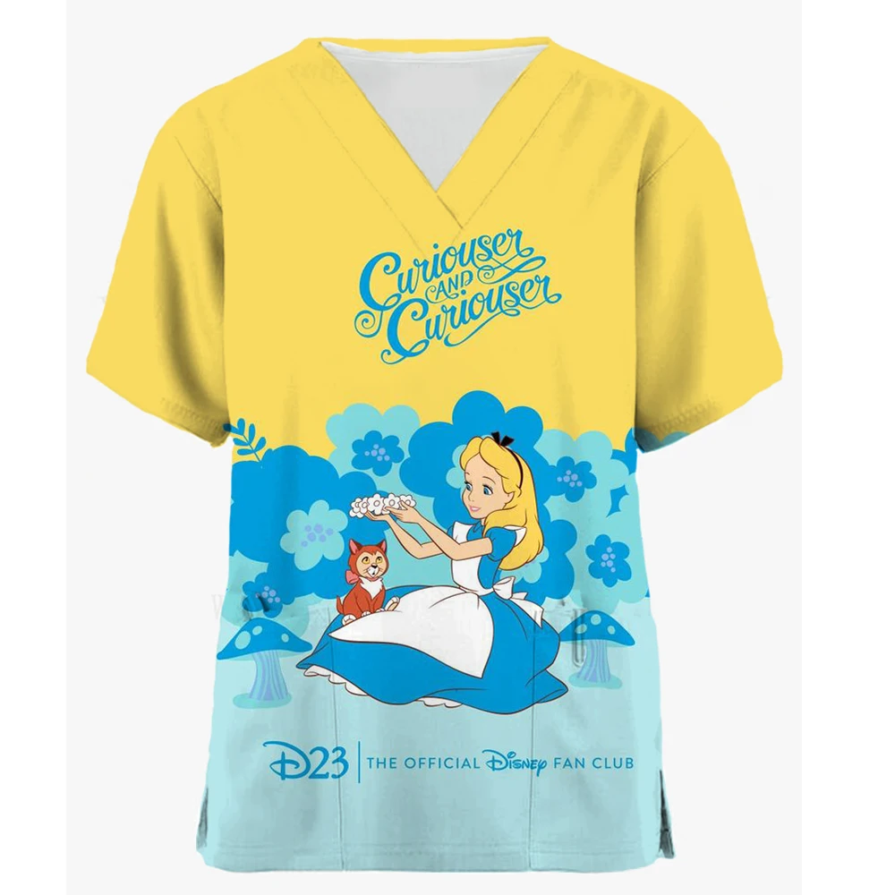 

High Quality Disney Princess Print Women's Matte Top V-neck Cartoon Uniform Thin Nurse Top Women Short Sleeves Healthy Tone