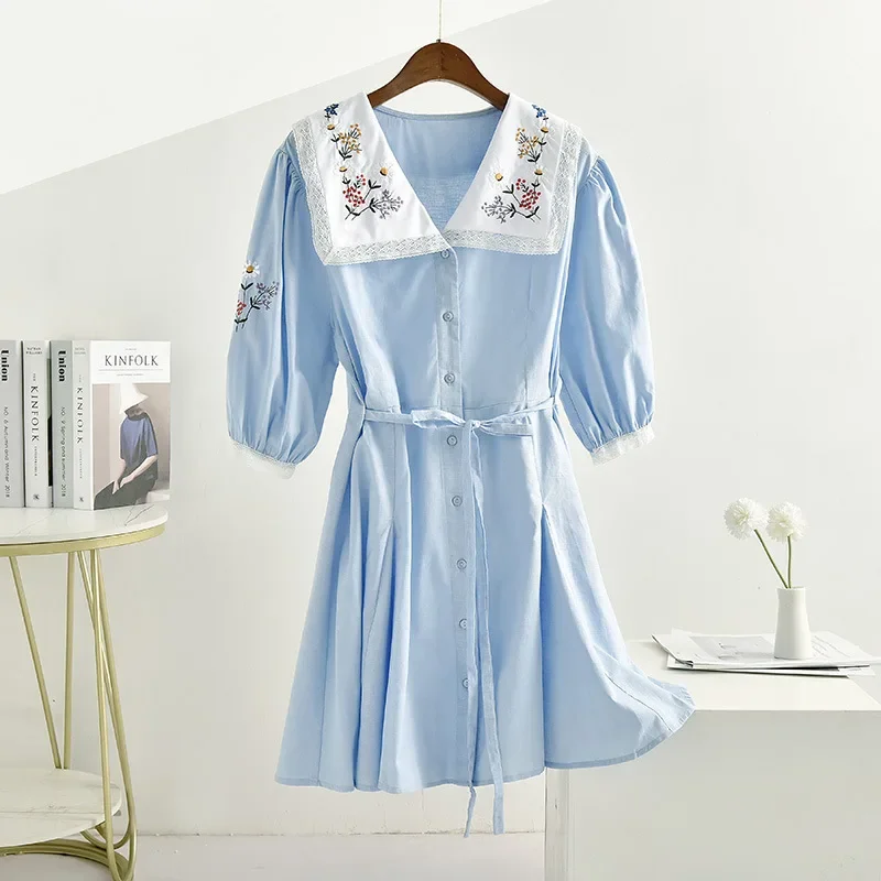 

Women's Blue Lapel Dress Single Breasted Short Sleeve Embroidery Fashion Simple Casual Mini Dress