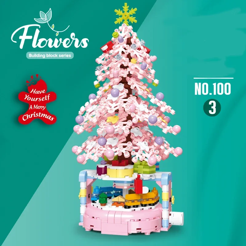 

515PCS Pink Christmas Tree Building Blocks Potted Bonsai Bouquet Christmas Tree Model Bricks DIY Toys Children's Holiday Gifts