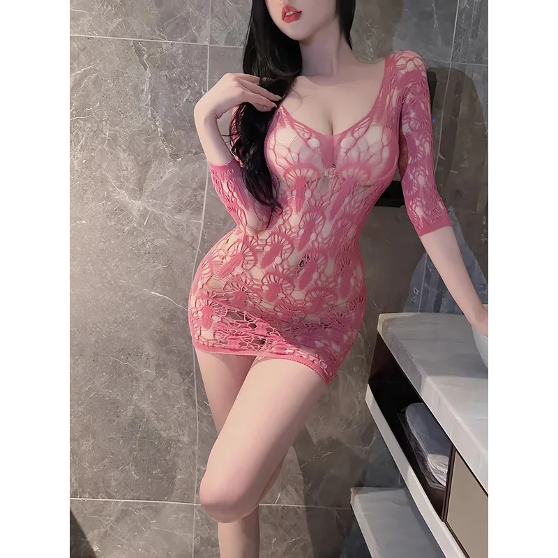 セクシーな女性ショートミニドレスメッシュレース薄手の中空アウト袖オープンクロッチジャカード純粋な欲望パジャマドレスエレガント