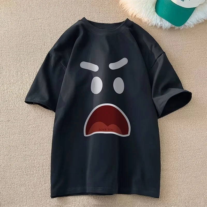 8XL Korean loose fit fashionable trendy American retro expression print T-shirt round neck casual Men multifunctional couple set