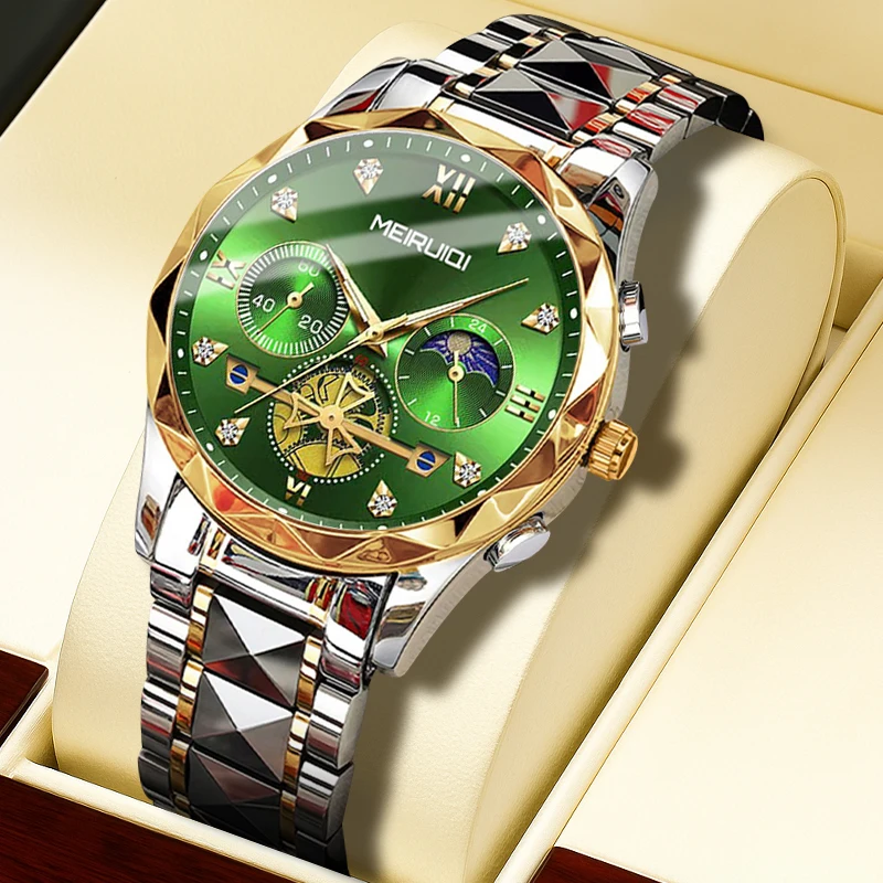 

Мужские часы с серебряным стальным ремешком, римскими цифрами, зеленым циферблатом, повседневные, модные, стильные, кварцевые.