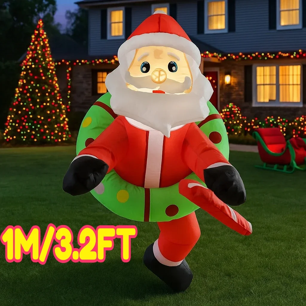 1M/3.2FT Inflatable Santa Claus with Wreath and Candy Cane Lights LED Home Holiday Lighting Decoration Yard Xmas Decor Supplies