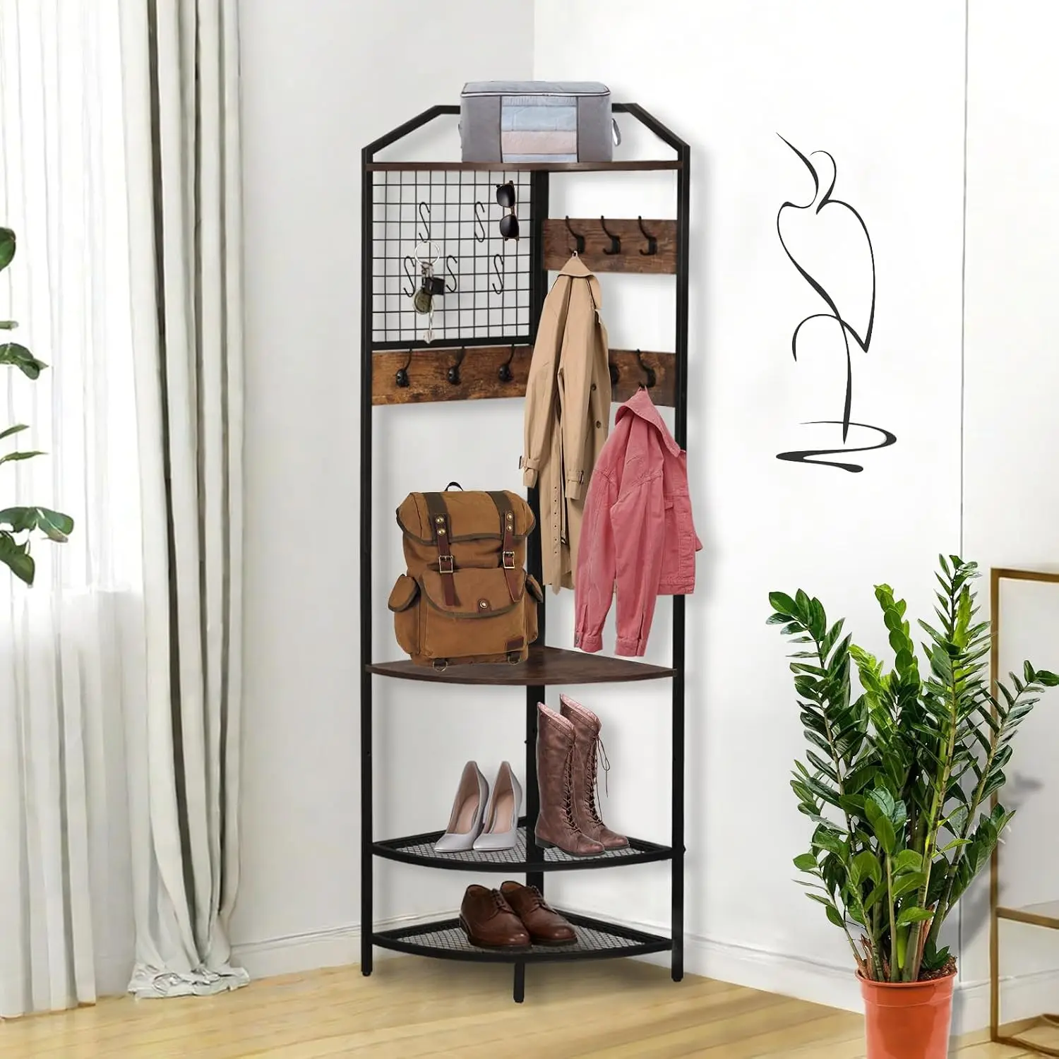 Corner Coat Rack, Coat Rack with Shoe Storage, Hall Tree with Bench and Shoe Storage, Freestanding Shelves with 14, Customized