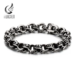 Fongten Men 23cm Stainless Steel Skeleton Chain Bangle Bracelets Skull Charm Bracelet For Men Gothic Silver Color Jewelry