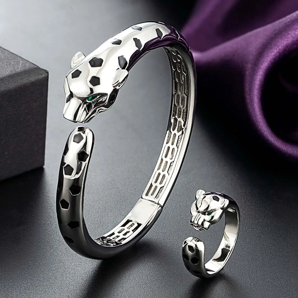 Zlxgirl Statement Punk Black Spots Leopard bangle with Ring set Fashion Animal Panther bracelet for Women Party gifts free ship