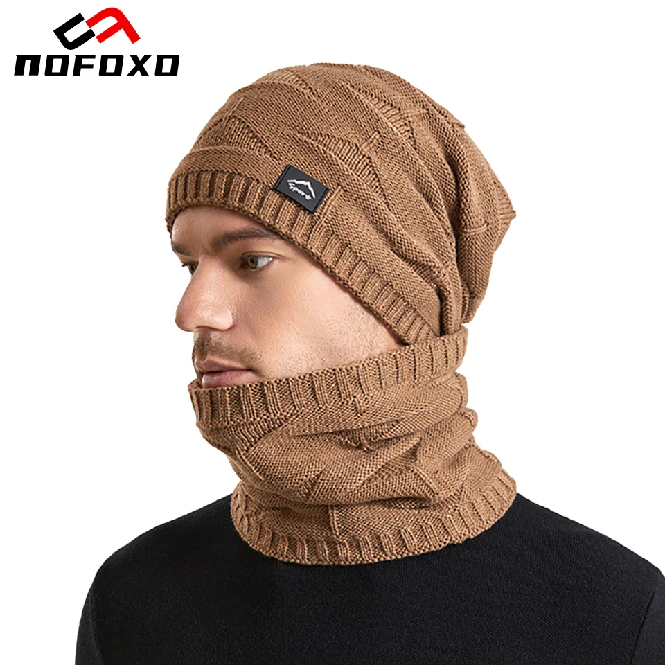 NOFOXO الشتاء قطعتين مجموعة الرجال النساء قبعة وشاح يندبروف سدادات حماية الأذن الصوف بطانة محبوك قبعة صوف البلوز قبعة في الهواء الطلق