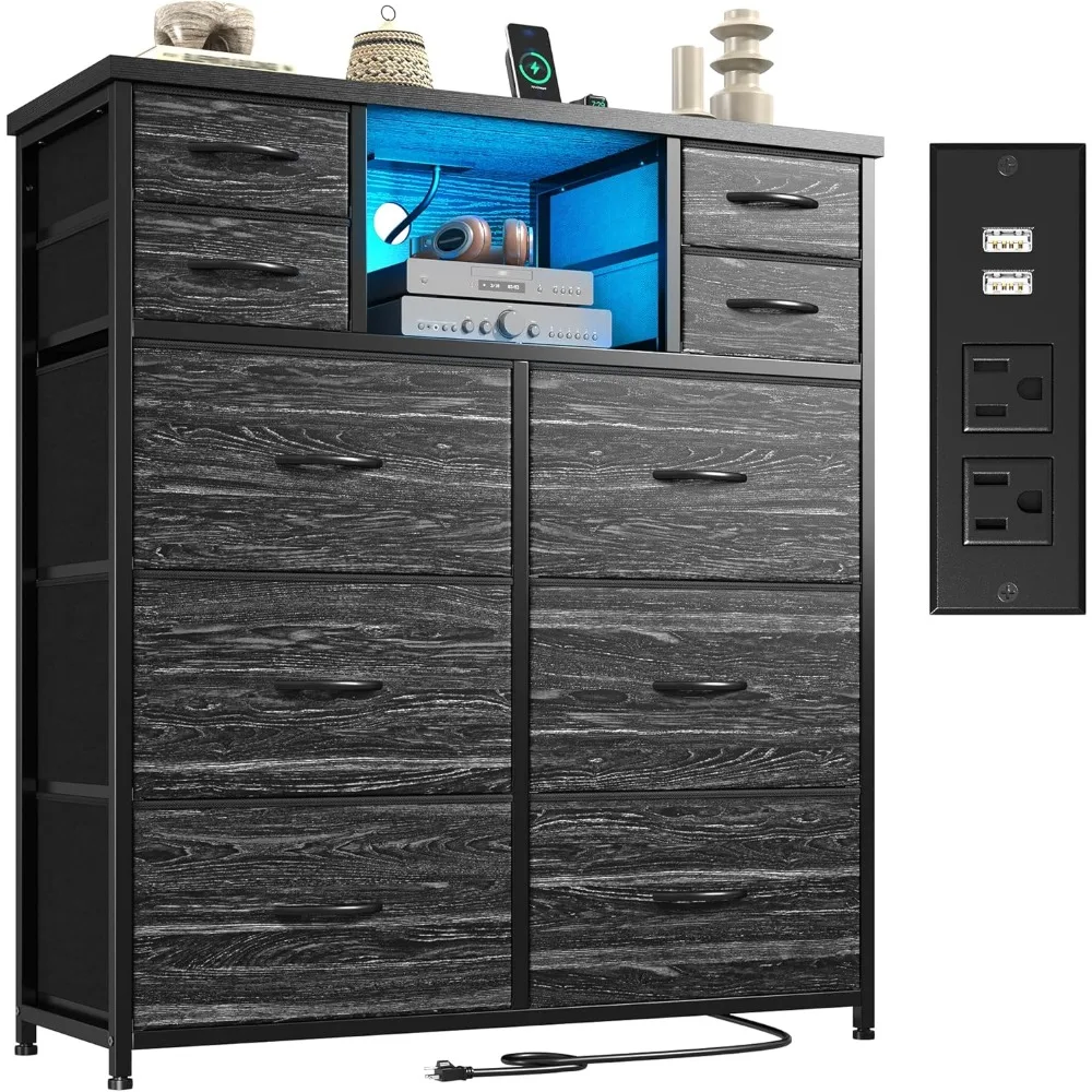 

Dresser for Bedroom with Charging Station and LED and 10 Fabric Drawers, Sturdy Bedroom Dresser for Storage, Closet, Hallway (Bl