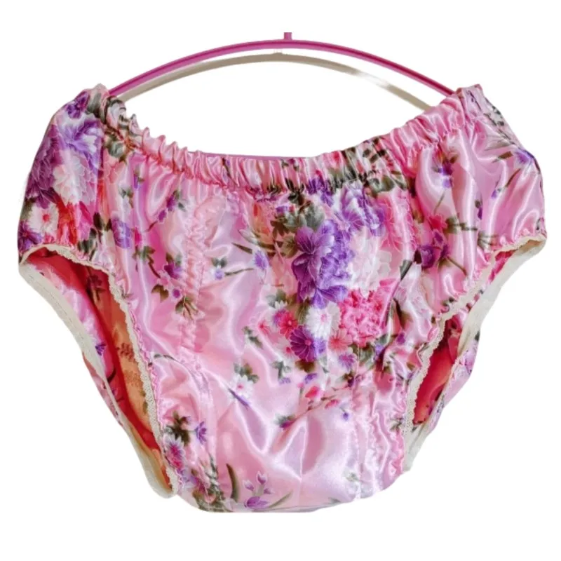 Man's Glossy Floral Ruffles Lingerie Panties Plus Size Soft Silky Touch Underwear Rubber Crotch Leak-proof Women Briefs