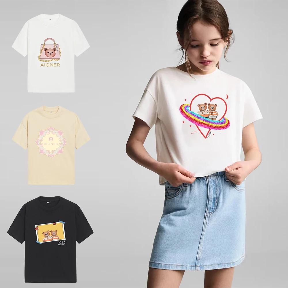 Fashion girl T-shirt, pure cotton summer short sleeved children\'s clothing, cartoon letter printed girls\' top, sports shirt