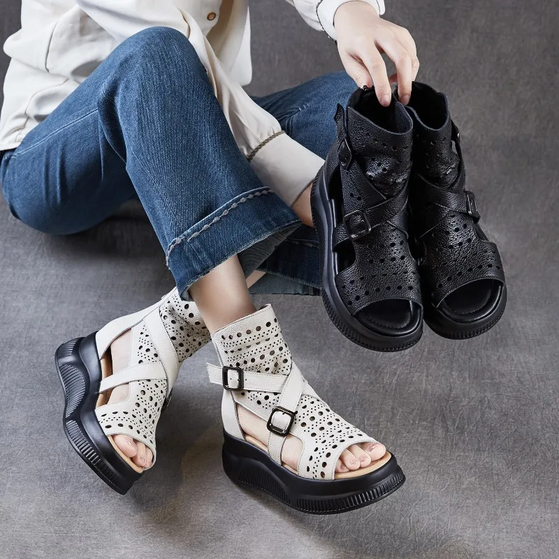 

6cm Thick Soled Peep Toed Women's Summer Boots New Versatile Genuine Leather Hollow-out Breathable Roman Sandals