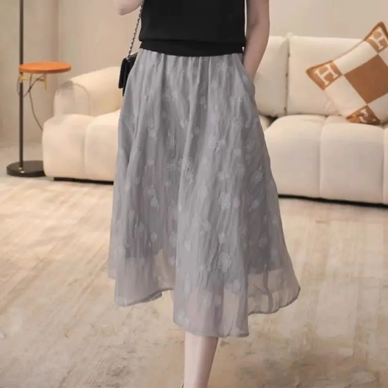 Fashion Elastic Spliced Pockets Printed Gauze Skirts Women's Clothing Summer New Loose All-match High Waist Skirts