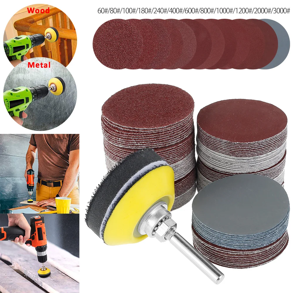 120pcs/Set 2Inch 120mm Round Hook and Loop Sandpaper Sanding Abrasive Disc with Backing Pad Drill Adaptor For Polishing Grinding