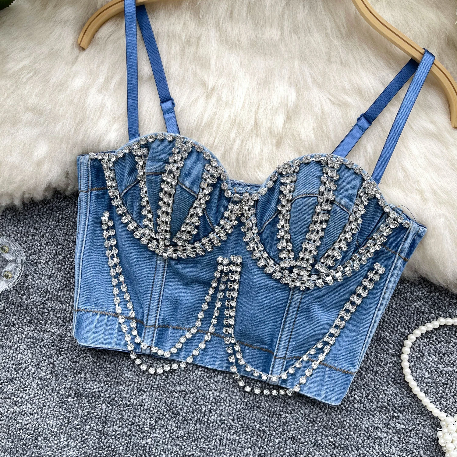 

Denim Tank Tops For Women push up Bustier bra Diamond beaded vest Sexy Backless Cropped top Female Camisole