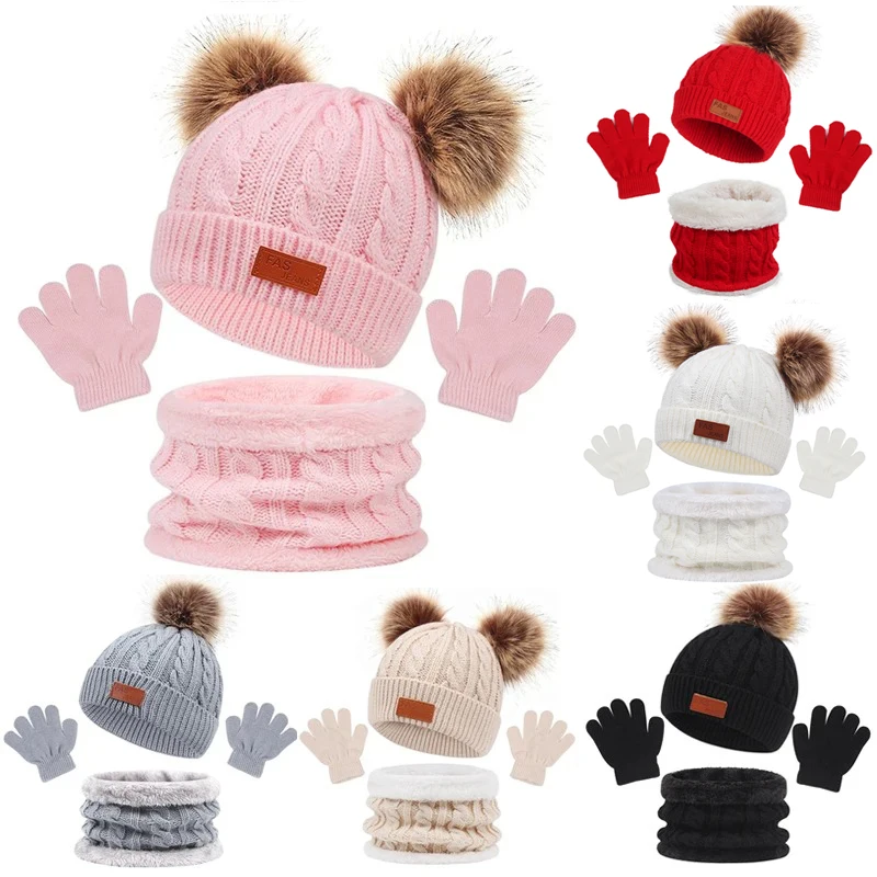 Christmas Baby Knitted Hat Scarf Gloves Set Fur Ball Winter Baby Beanie Children Cap Infant Bonnet Kids Hat for Girls Boys 1-5Y