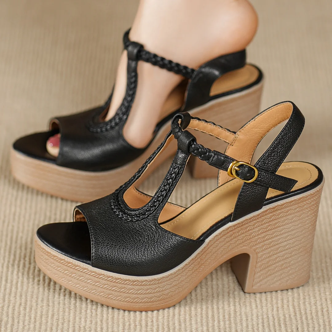 

Женские босоножки из овчины с открытым носком и узким ремешком с Т-образным ремешком, женские высококачественные мягкие удобные туфли-лодочки на массивном каблуке 8 см на платформе