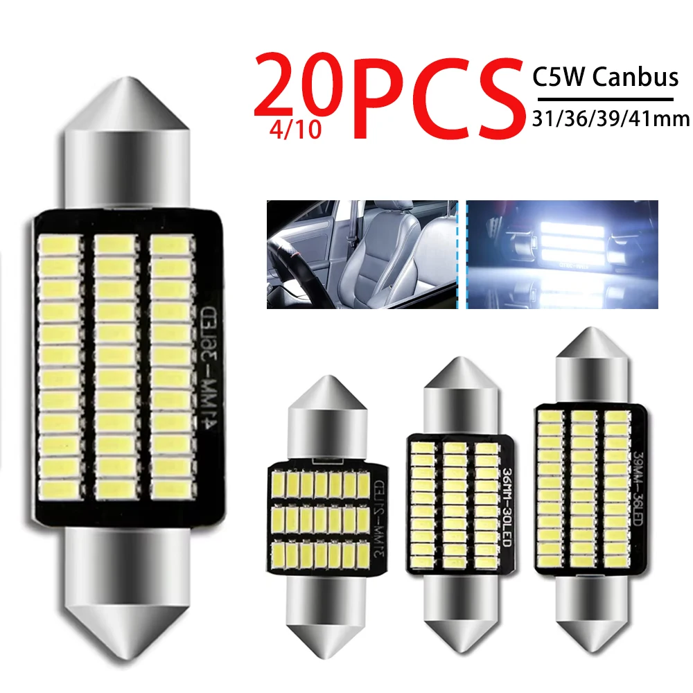 

4-20PCS CANBUS C5W LED Bulb Festoon 31/36/39/41mm 12V 3014SMD 6500K White Car Interior Dome Reading License Plate Lignts