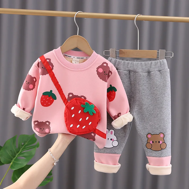 Winter Baby Girl Clothes 12 To 24 Months Cartoon O-neck Plush Velvet Long Sleeve Sweaters and Leggings Kids Set Christmas Outfit