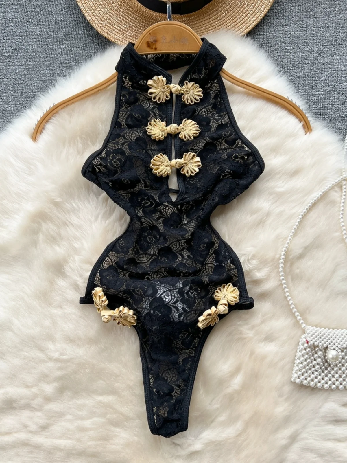 

Винтажный кружевной Cheongsam с пряжками и висячим вырезом без рукавов, комбинезон с высокой вилкой, осенний новый модный сексуальный комбинезон с открытой спиной