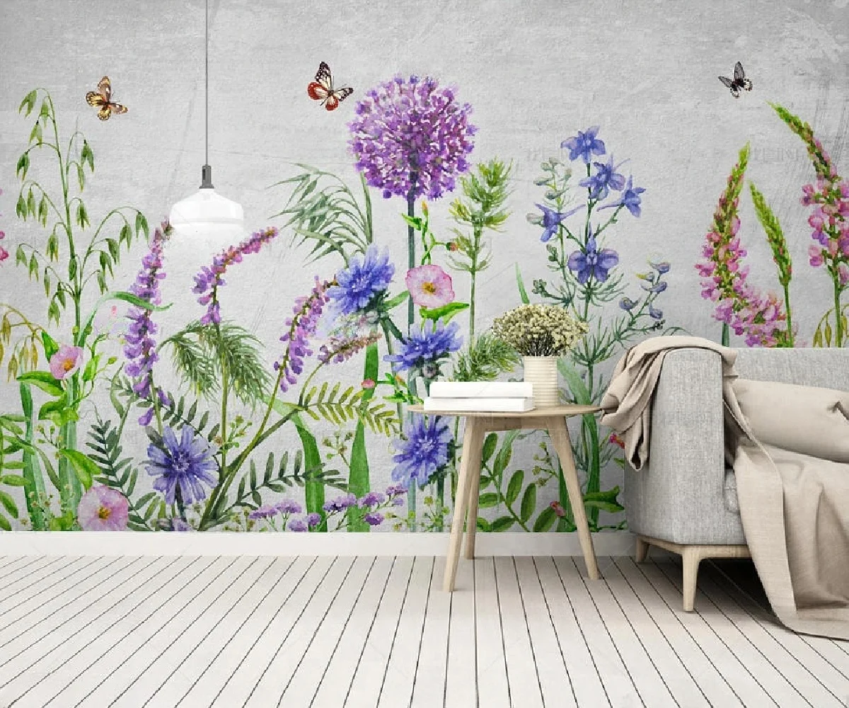 Customized Wallpaper Modern Nordic Abstract Watercolor Hand drawn Flower butterfly TV Mural Background Wall Decoration Wallpaper