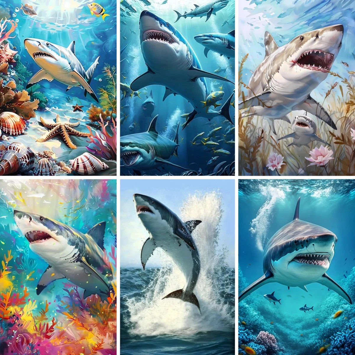 

Великая белая акула, искусство морской жизни, 5D наборы алмазной живописи для взрослых, декор для ванной комнаты, ванной комнаты, сцена океана, рыба, декор стены