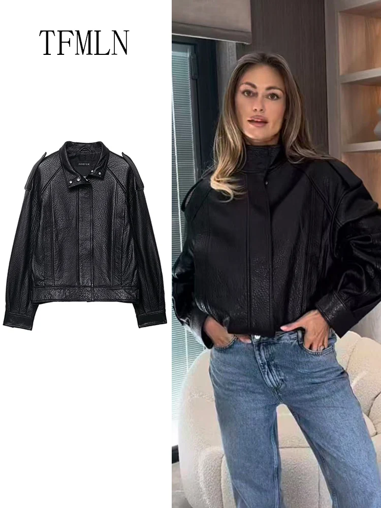 Tfmln jaqueta feminina de couro falso retro solta manga longa bolsos com zíper chique casacos femininos 2025 outono inverno senhora outerwear