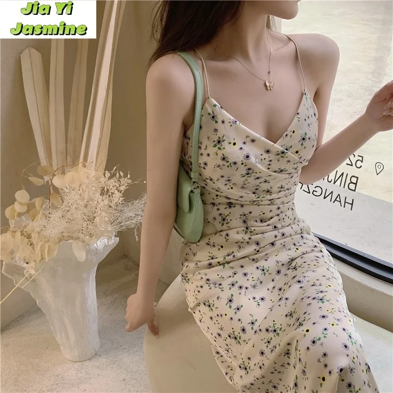 

Gentle Breeze Tea Break Waist Waist Slimming Dress Women's Summer 2024 New French Retro Flower Wrapped Hip Suspended Dress