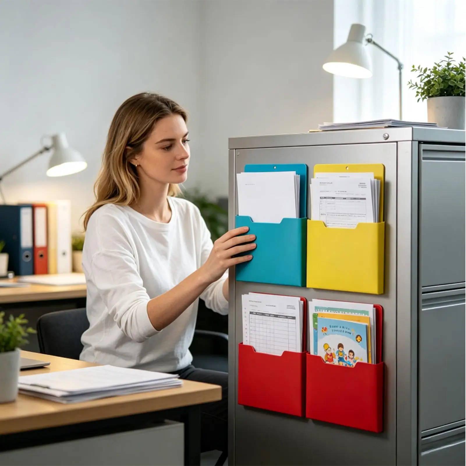 Magnetic File Holder for Refrigerator, No-Drill Colorful Paper Organizer, Strong Magnet Document Storage for Office School Home
