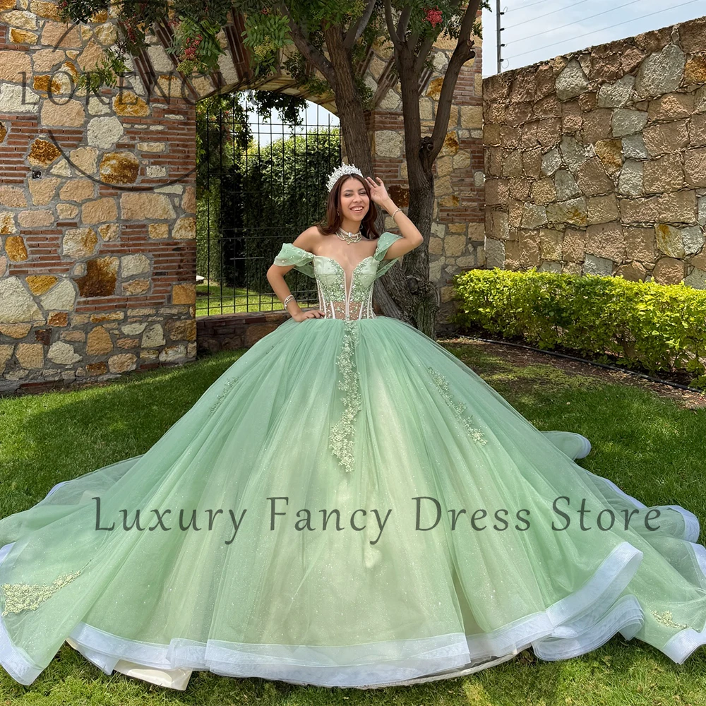 

Изысканное платье Quinceanera с аппликацией, 2025 г., тюлевые бальные платья с открытыми плечами для сладкого 15, вечеринки по случаю дня рождения, индивидуальные платья de gala