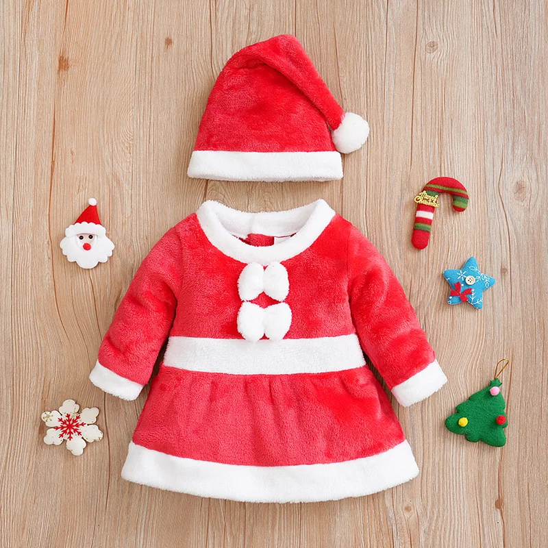 Christmas Winter Festival Double-stranded butterfly bow Newborn Baby Girl Knitted Warmth Dress Santa Hat Round Neck Toddler Soft