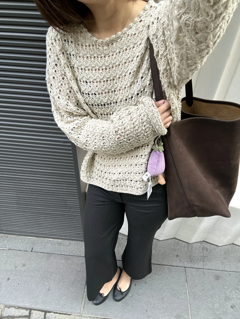 

Elegant Simple Shoulder Drop Knitted Hollow out round Neck Loose Sweater Top Women's Spring Fashion Basic Style Polyester Fiber