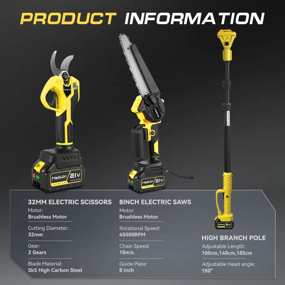 MELLWIN 4-in-1 Bürstenloser Teleskopstab mit 8-Zoll-Kettensäge & 32-mm-Gartenschere Set Gartenpflegewerkzeug für Makita 18V Akku – Detail 4