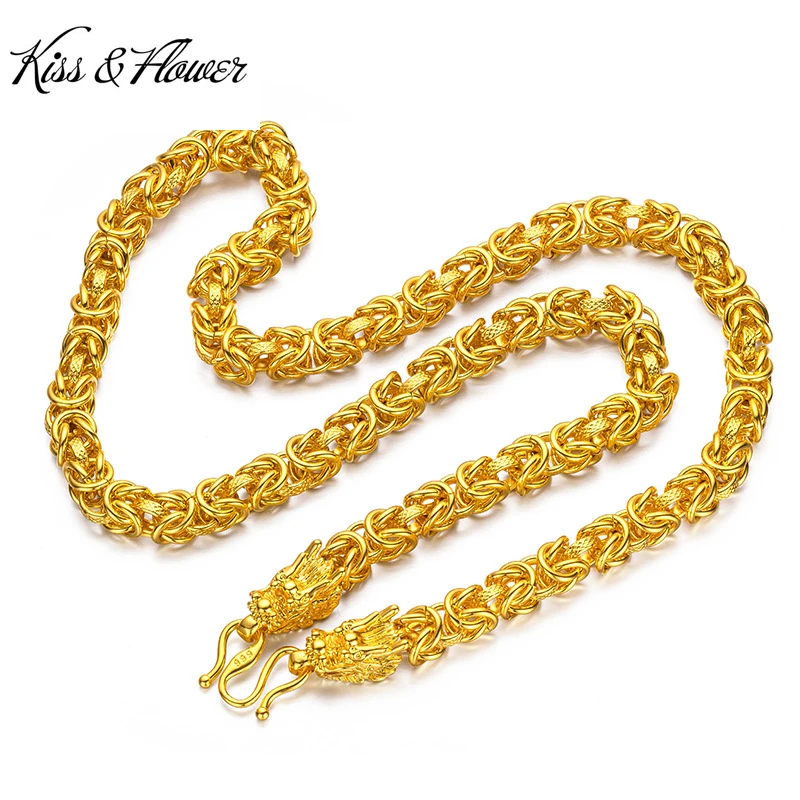 KISS&FLOWER Gold Vintage Dragon Necklace For Men Male Birthday Wedding Party Christmas Father Boyfriend Bridegroom Gifts NK316 