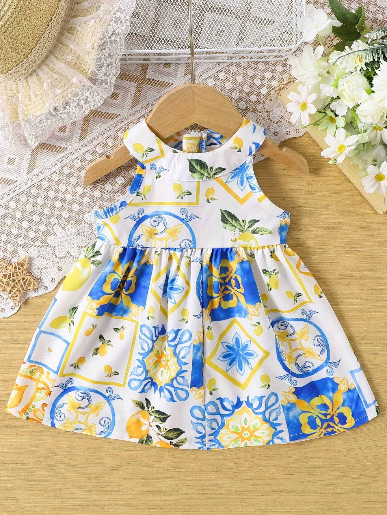 Baby girl summer full print round neck sleeveless pleated waistband dress