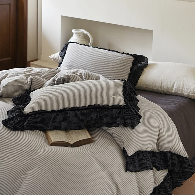 American Retro Fresh Cotton Double Layer Yarn Bedding Set Four Pieces Pastoral Pure Cotton with Black Ruffled Edge Duvet Covers