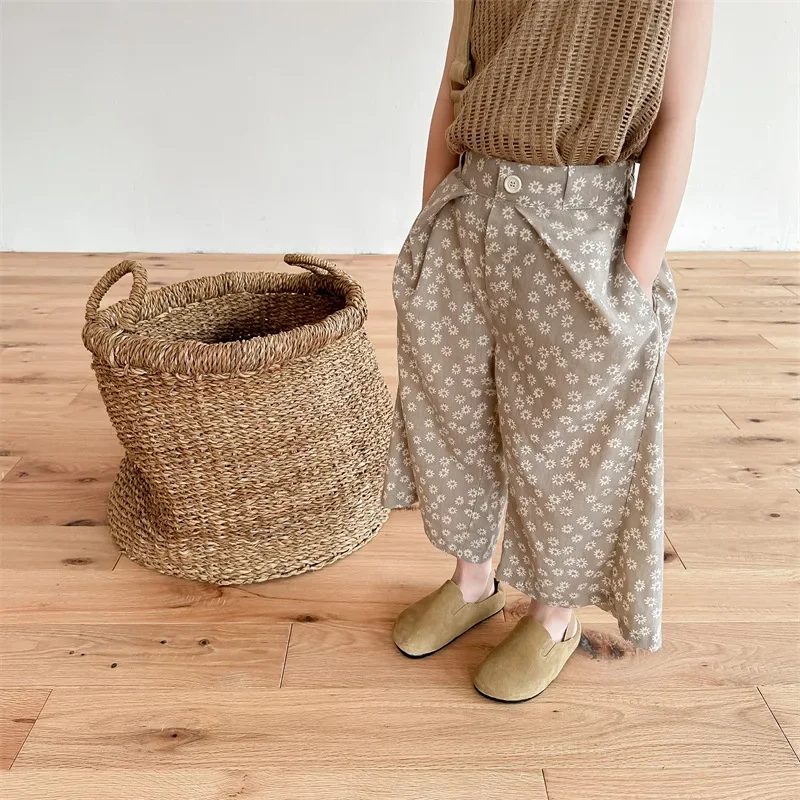 Baby Kids Hemp Cotton Flower Pocket Trousers Japanese Korean Fashion Children's Clothing 2025 Summer Girls' Mosquito Proof Pants