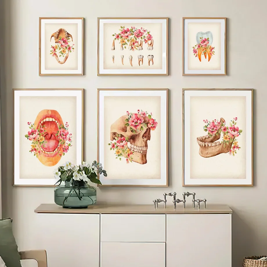 Vintage Dentistry Drawing Tooth Mouth Flower Dental Anatomy Art Canvas Painting Posters And Prints Wall Pictures Clinic Decor