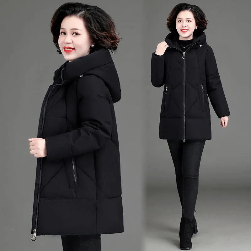 Middle-aged Mother Down Cotton Clothes 2022 New Women Parkas Winter Jacket Mid-Length Solid Color Hooded Padded Coat Thick Parke