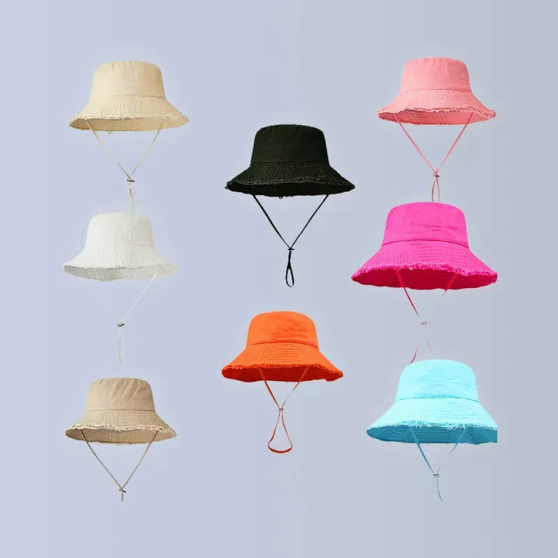 One piece of women's solid-color frayed-edge sun-protective bucket hat, featuring a distinctive drawstring for UV protection