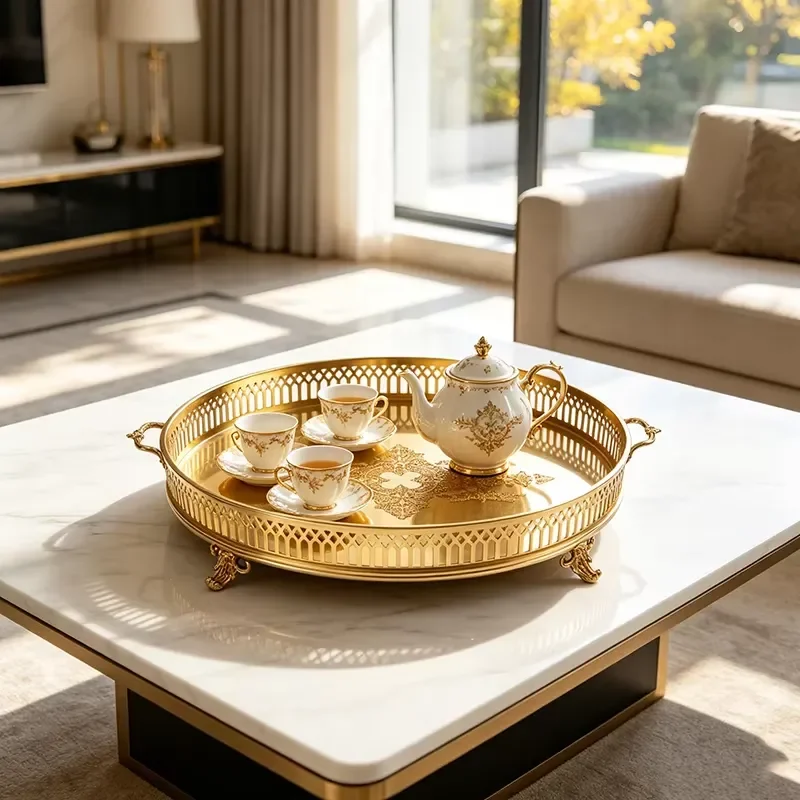 Modern Gold Brass Single Storage Tray with Carved Hollow Base and Decorative Handle for Living Room Desk Organization Food