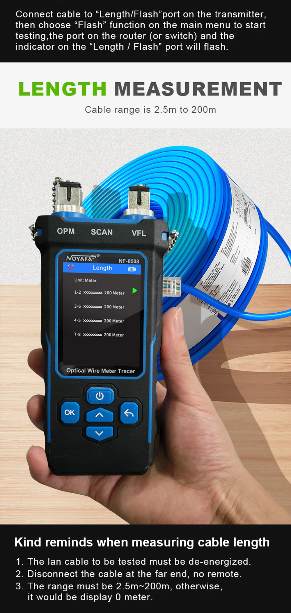 NOYAFA NF-8508 Netzwerkkabeltester Ethernet-Kabel-Tracker mit OPM VFL Längenmessung Wiremap-Tester PoE-Checker Netzwerkwerkzeuge – Detail 9