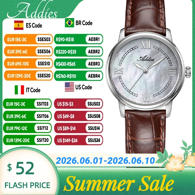 ADDIES Sapphire Glass Japan GL32 Ladies Quartz Watches 5Bar Waterproof Stainless Steel Mother of Pearl Dial Wristwatches AW25906