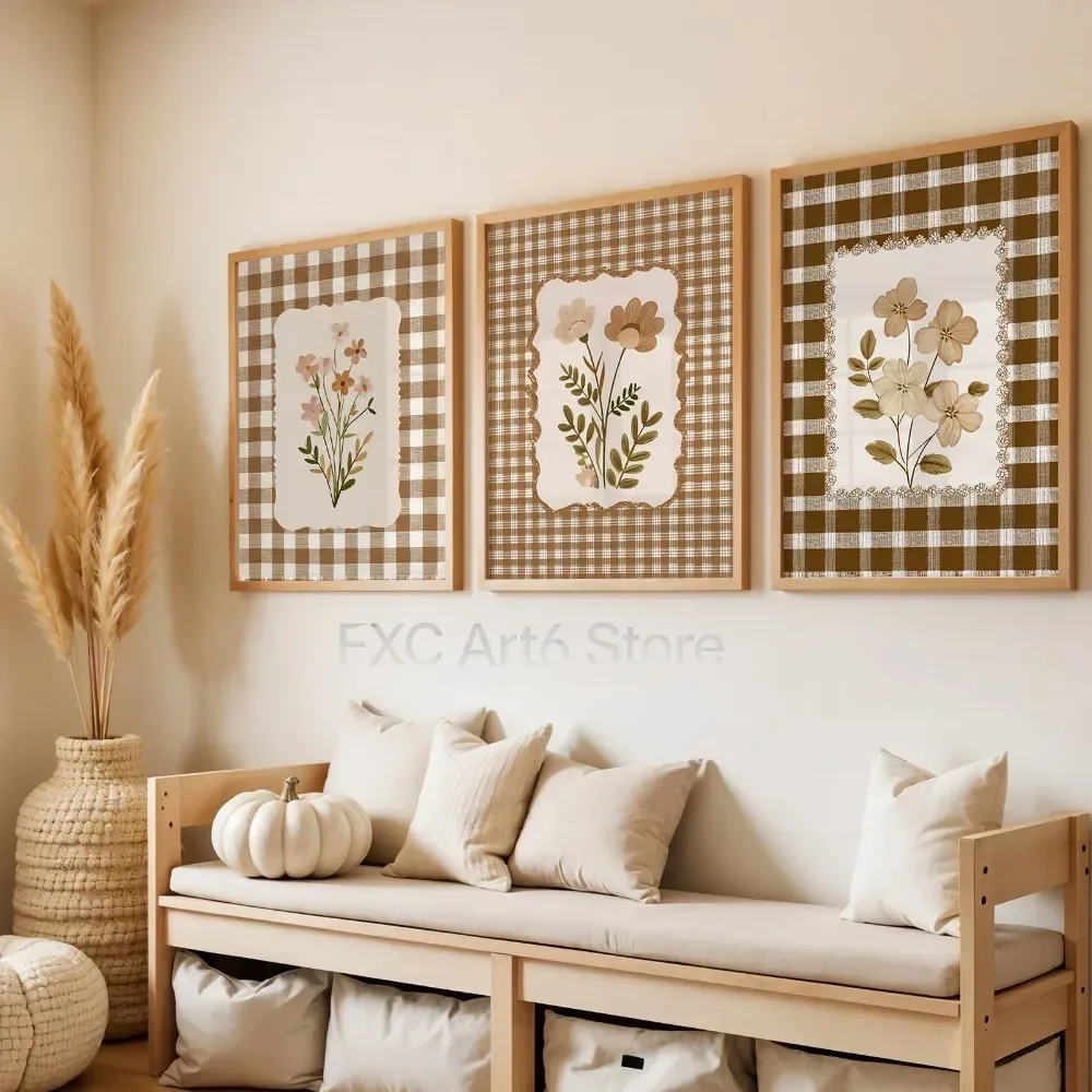 3 Stück rahmenlose, nostalgische Poster, klassische Kunstdrucke mit Wildblumen im Landhausstil, braun karierte Blumen-Leinwandkunst, Schlafzimmer- und Flurdekoration