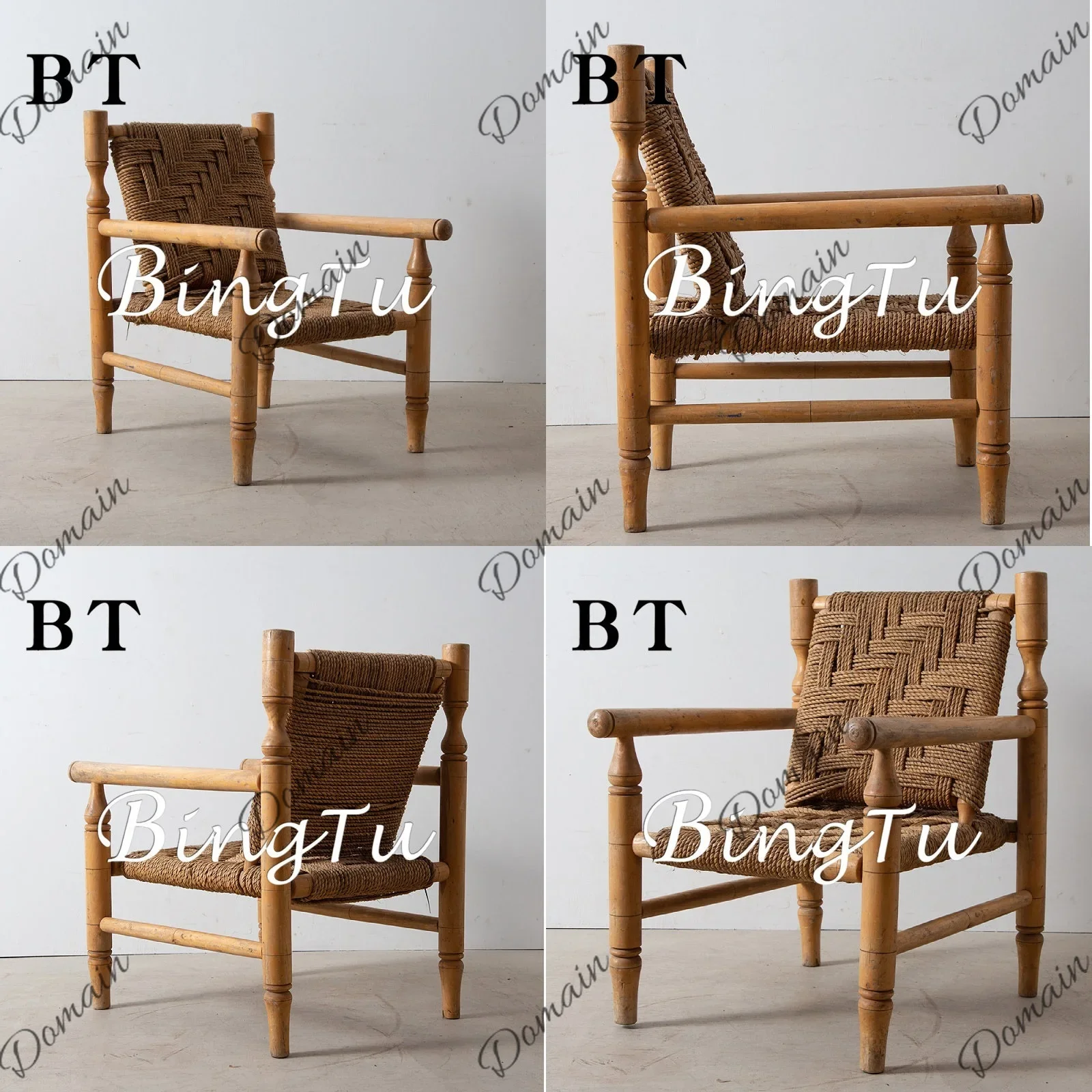 81 N Vintage Rattan Wicker Chair Solid Wood Single Backrest Dining Chair Retro Boho Wabi-Sabi Seat for Cafe Restaurant Home