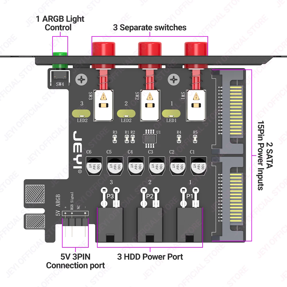 JEYI 3 Hard Drive Power Switch Module for 2.5/3.5 inch SATA HDD/SSD With ARGB Control,  HDD Management System With 12cm Bracket