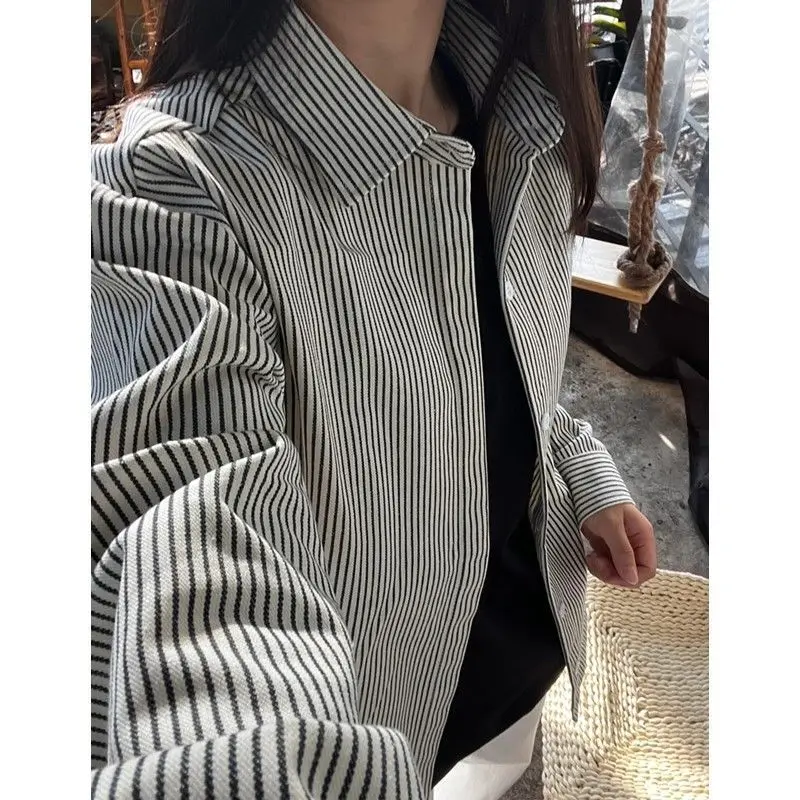 

Women Clothing Office Lady Simplicity Elegant Trend Buttons Single Breasted Striped Square Collar Long Sleeve Intellectual Forma